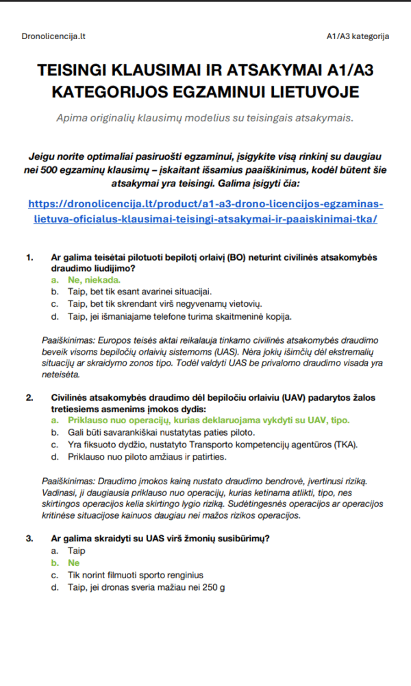 A1/A3 Drono Egzaminas Lietuvoje – Išsami teorija, 500+ egzamino tipo klausimų su atsakymais ir išsamiais paaiškinimais - Image 2