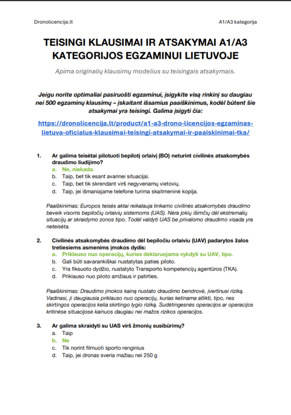 A1/A3 Drono Egzaminas Lietuvoje – Išsami teorija, 500+ egzamino tipo klausimų su atsakymais ir išsamiais paaiškinimais