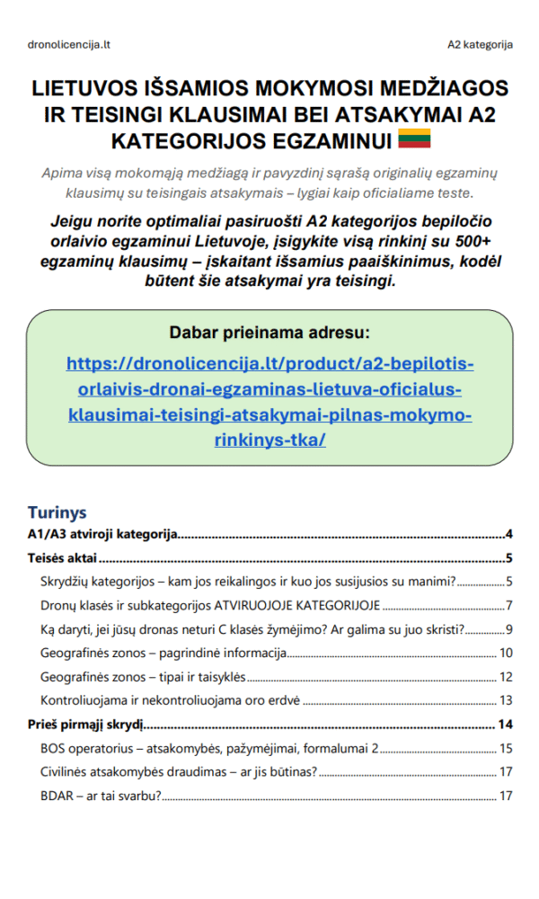 A2 drono egzaminas Lietuvoje – Išplėstinė teorija, pilna mokymosi medžiaga ir 500+ egzamino tipo klausimų bei atsakymų - Image 2