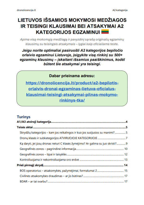A2 drono egzaminas Lietuvoje – Išplėstinė teorija, pilna mokymosi medžiaga ir 500+ egzamino tipo klausimų bei atsakymų