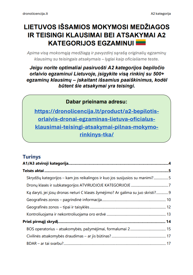 A2 drono egzaminas Lietuvoje – Išplėstinė teorija, pilna mokymosi medžiaga ir 500+ egzamino tipo klausimų bei atsakymų - Image 2
