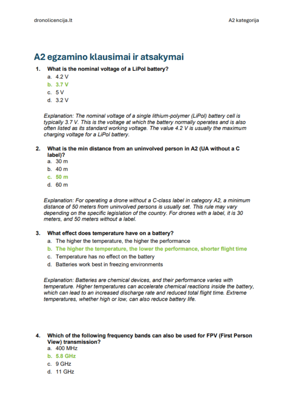 A2 drono egzaminas Lietuvoje – Išplėstinė teorija, pilna mokymosi medžiaga ir 500+ egzamino tipo klausimų bei atsakymų